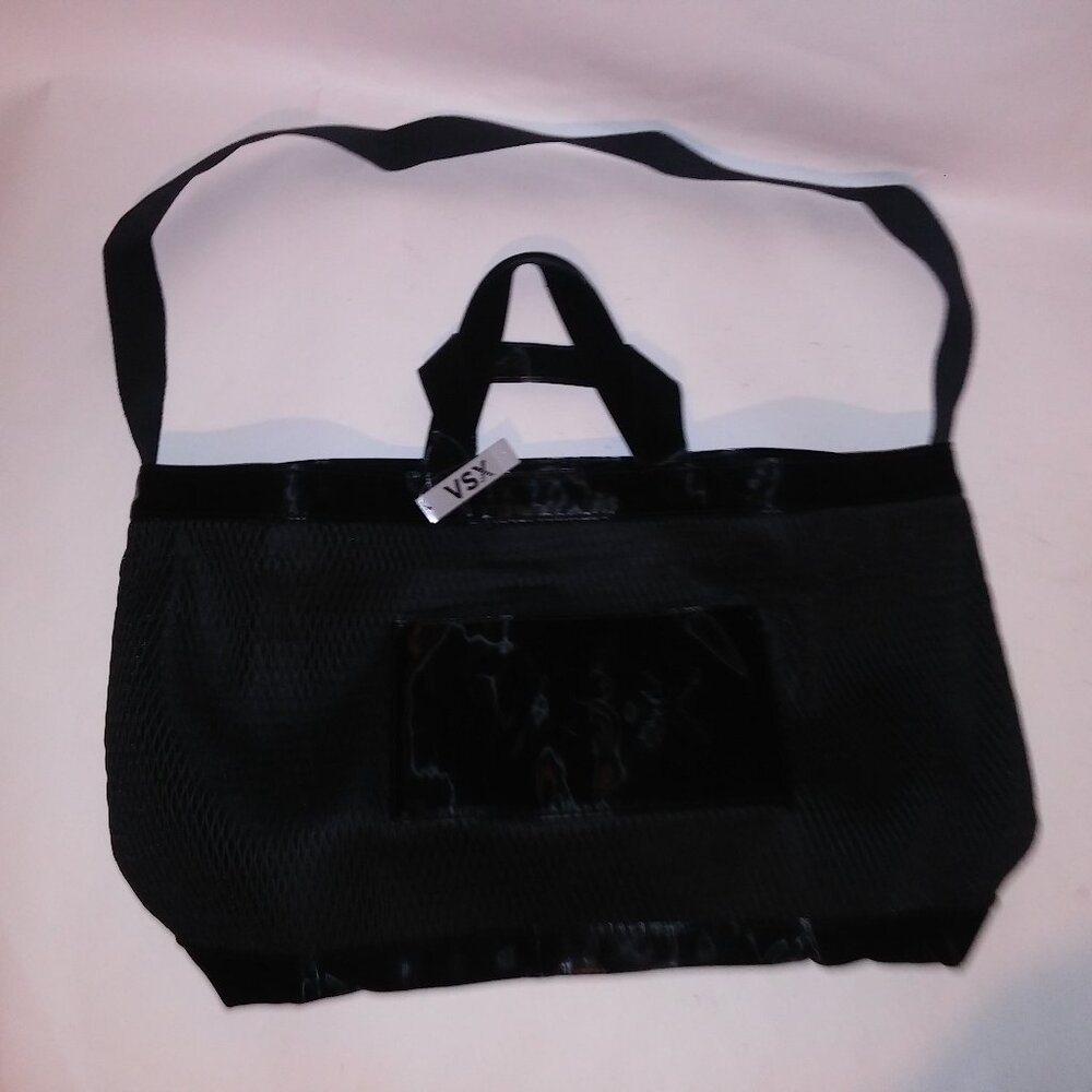Victoria Secret Tote Bag Black Mesh Gym Bag Zip Closure Shoulder Bag 17x12 New
